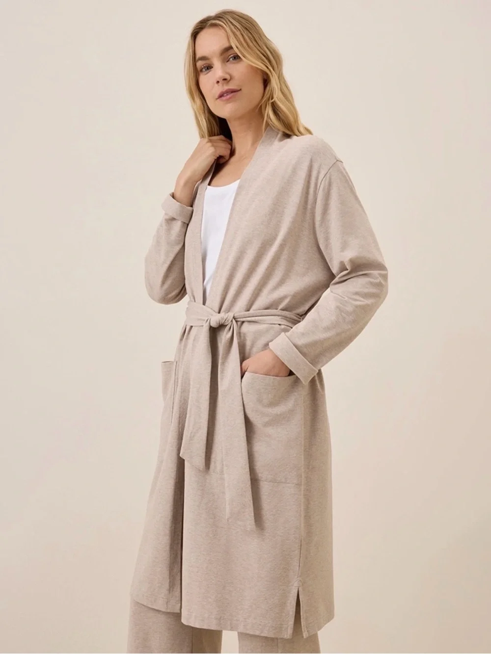 PACT Cool Stretch Organic Cotton Lounge Duster Robe in Oat Heather Sz S